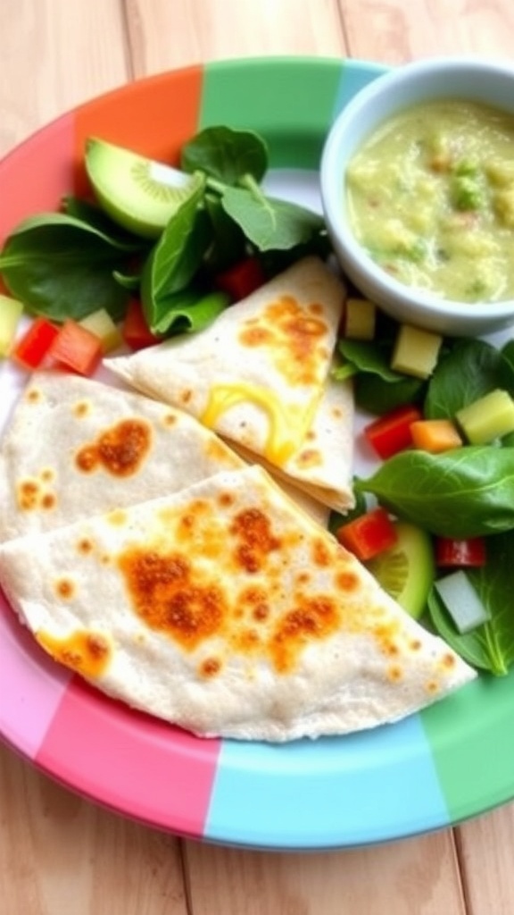 Cheese quesadilla cut into triangles on a plate, served with vegetables and a dip.